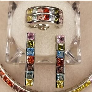 Channel Set Princess Cut CZ tennis bracelet, Ring and Earrings 925 SS